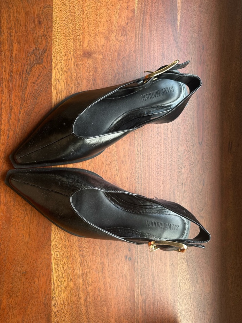 Steve Madden Black Leather Pointed Toe Slingback Flats with Gold Buckle